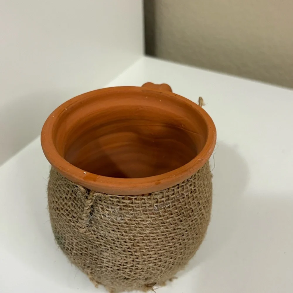Handmade Algerian Clay Mug Rustic Burlap Wrapped Cup